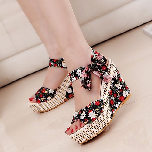 

Women's Sandals Wedge Heel Peep Toe PU Summer Red / Blue / Black
