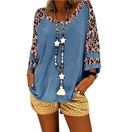 

Women's Daily Loose T-shirt - Leopard / Color Block Purple