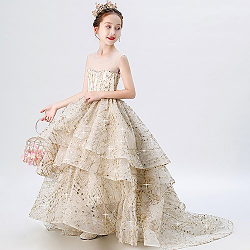 

Ball Gown Sweep / Brush Train Party / Pageant Flower Girl Dresses - Polyester Sleeveless Jewel Neck with Tier / Paillette