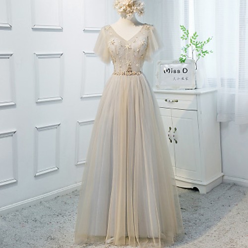 

A-Line V Neck Floor Length Polyester Color Block / Boho Wedding Guest / Prom Dress with Sash / Ribbon / Crystals 2020