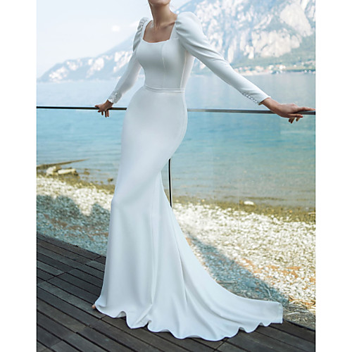 

Mermaid / Trumpet Scoop Neck Sweep / Brush Train Chiffon Over Satin Long Sleeve Country Plus Size Wedding Dresses with Buttons 2020