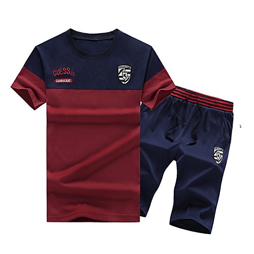 

Men's Daily Sports Basic Set - Color Block / Letter Print / Drawstring Red