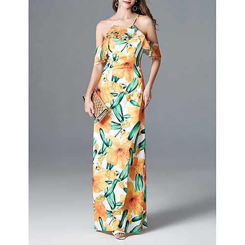 

Pattern Print Sheath Column Bohemian Floral Short Shoulder Halter Neck Floor Length Satin Maxi Honeymoon Prom Dress