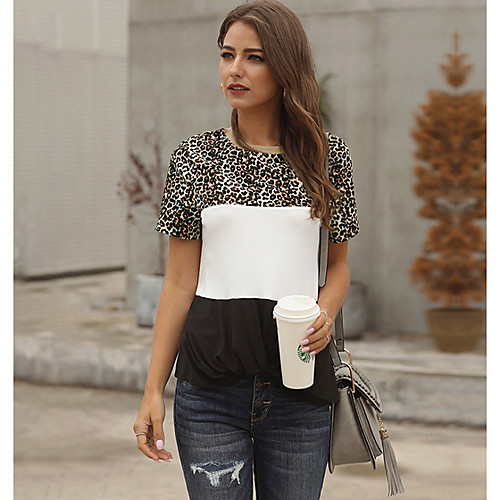 

Women's Daily T-shirt - Leopard / Color Block Green