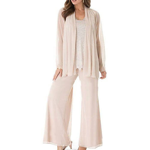 

Pantsuit Plus Size Elegant Mother Of The Bride Dress Chiffon V Neck Floor Length Long Sleeve Graceful Wedding Guest Outfits 2020
