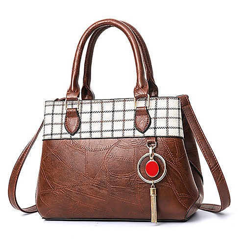 

Women's Zipper PU Top Handle Bag Lattice Earth Yellow / Red Brown / Red