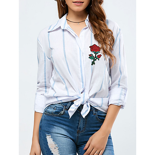 

Women's Daily Shirt - Striped Print / Knotted Shirt Collar Blue