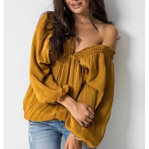 

Women's Daily Loose Blouse - Solid Colored Ruffle / Pleated V Neck Yellow