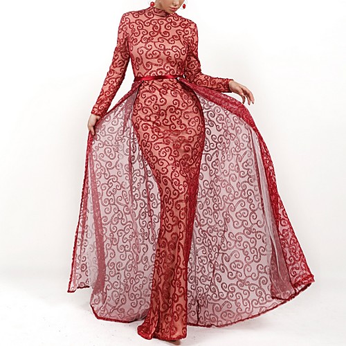 

Mermaid / Trumpet High Neck Floor Length Polyester Elegant / Red Engagement / Formal Evening Dress with Sequin / Overskirt 2020
