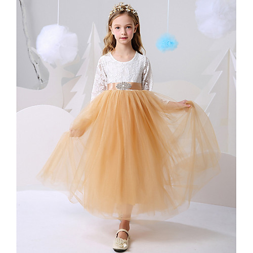 

Ball Gown Floor Length Party / Birthday Flower Girl Dresses - Polyester Long Sleeve Jewel Neck with Color Block