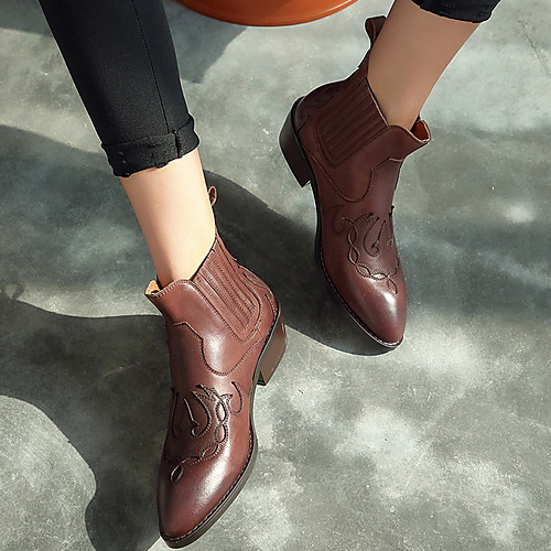 

Women's Boots Chunky Heel Round Toe Leather Mid-Calf Boots Spring & Fall Brown / Black