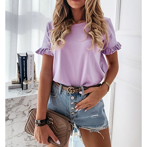 

Women's Daily Going out Basic / Street chic T-shirt - Solid Colored Ruffle Purple