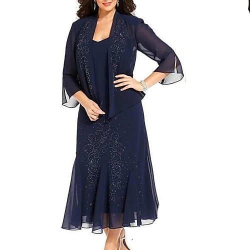 

Sheath / Column Bateau Neck Ankle Length Chiffon Long Sleeve Sexy Mother of the Bride Dress with Lace Mother's Day 2020