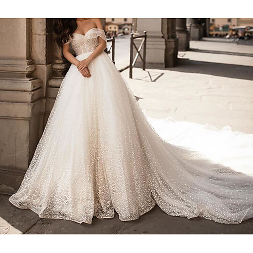 

Ball Gown Off Shoulder Chapel Train Polyester / Tulle Short Sleeve Country Plus Size Wedding Dresses with Pearls / Appliques 2020