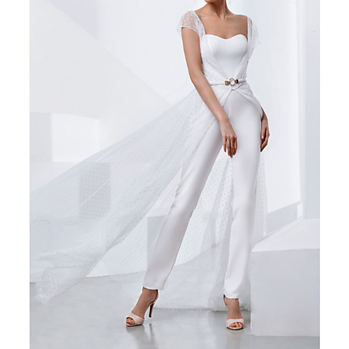 

Two Piece Jumpsuits Wedding Dresses Strapless Sweep / Brush Train Lace Stretch Satin Short Sleeve Country Plus Size with Lace Sashes / Ribbons Appliques 2020 / Yes
