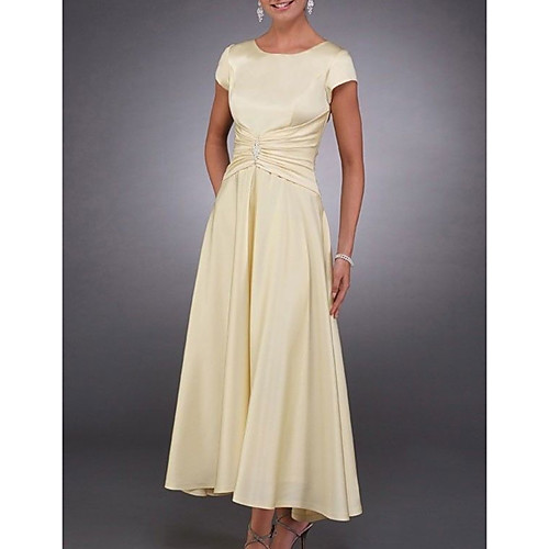 

A-Line Jewel Neck Ankle Length Satin / Stretch Satin Short Sleeve Elegant Mother of the Bride Dress with Pleats / Crystals / Draping Mother's Day 2020