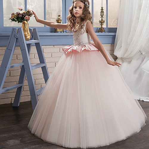 

Ball Gown Court Train / Sweep / Brush Train Party / Birthday Flower Girl Dresses - POLY Sleeveless Jewel Neck with Lace / Ruffles / Tier