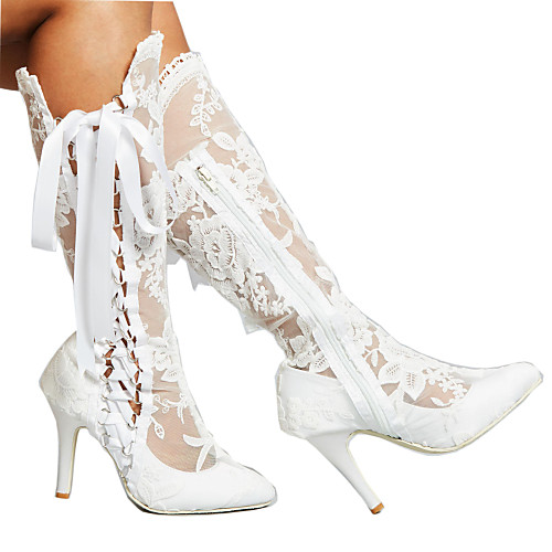 

Women's Boots Stiletto Heel Pointed Toe Ribbon Tie Lace Knee High Boots Sweet / Minimalism Spring & Summer / Fall & Winter White / Wedding / Party & Evening