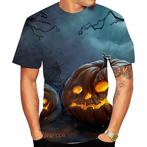 

Men's Halloween Daily Basic T-shirt - Color Block / 3D / Skull Print Navy Blue