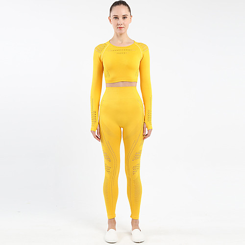 

Women's 2pcs Tracksuit Yoga Suit Cut Out Fashion ArmyGreen Yellow Burgundy Yoga Running Fitness Leggings Crop Top Clothing Suit Long Sleeve Sport Activewear Breathable Moisture Wicking Butt Lift