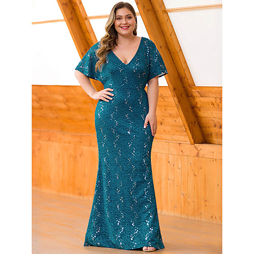 

Mermaid / Trumpet Mother of the Bride Dress Vintage Plus Size Plunging Neck Floor Length Lace Half Sleeve with Lace 2020