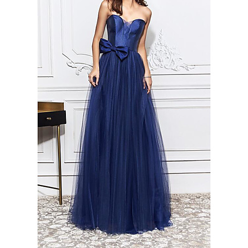 

Sheath / Column Elegant Blue Engagement Formal Evening Dress Strapless Sleeveless Sweep / Brush Train Tulle with Bow(s) 2020