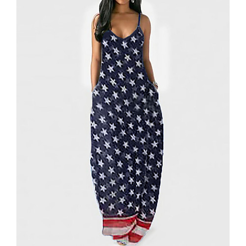 

Women's Maxi Blue Dress Spring Holiday Vacation Shift Flag Strap Blue M L