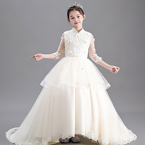 

Ball Gown Court Train Wedding / Party Flower Girl Dresses - POLY Half Sleeve High Neck with Lace / Tier / Appliques