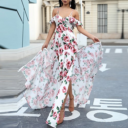 

Sheath / Column Spaghetti Strap Floor Length Polyester Boho / Floral Holiday / Prom Dress with Split / Pattern / Print 2020