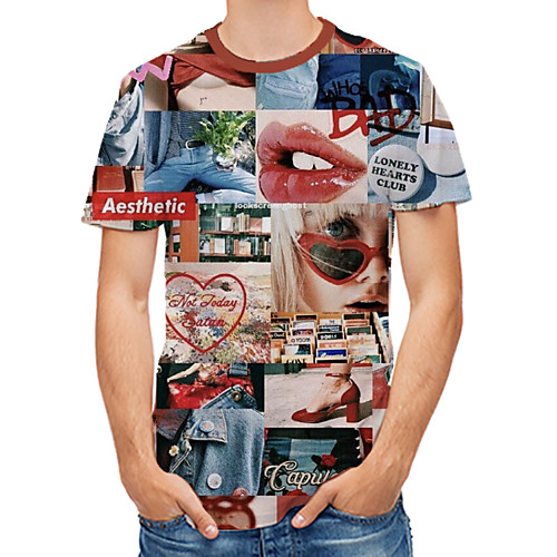

Men's Plus Size Floral 3D Print T-shirt Rock Street chic Daily Club Round Neck Rainbow / Short Sleeve / Letter