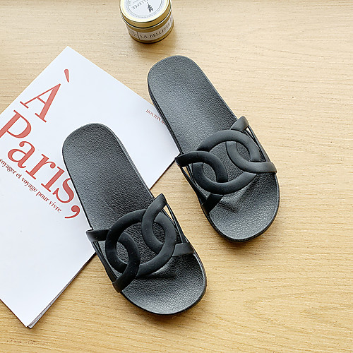 

Women's Slippers & Flip-Flops 2020 Flat Heel Open Toe PU Casual / Sweet Spring & Fall / Spring & Summer White / Black / Slogan
