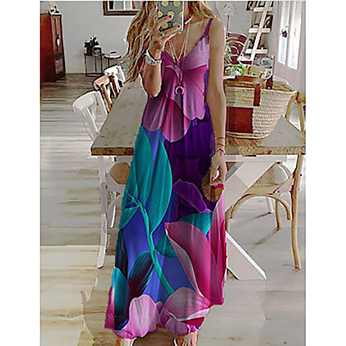 

Women's Maxi Purple Dress Camisole Leisure Spring Holiday Vacation A Line Color Block Florals Strap Rose M L