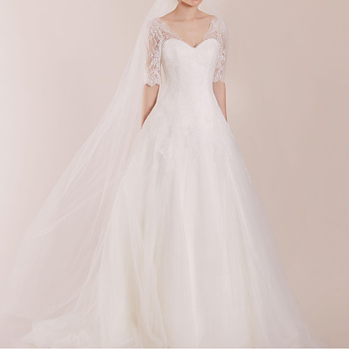 

A-Line Wedding Dresses Sweetheart Neckline Sweep / Brush Train Polyester Half Sleeve Country Plus Size Illusion Sleeve with Lace Insert Appliques 2020