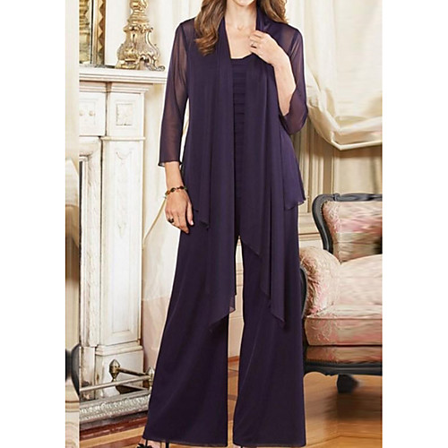 

Pantsuit / Jumpsuit Jewel Neck Floor Length Chiffon Long Sleeve Elegant Mother of the Bride Dress with Pleats Mother's Day 2020