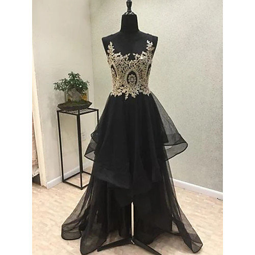 

A-Line Illusion Neck Asymmetrical Tulle Sparkle / Black Engagement / Formal Evening Dress with Tier / Appliques 2020