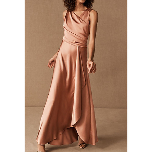 

A-Line V Neck Asymmetrical / Floor Length Charmeuse Bridesmaid Dress with Ruching