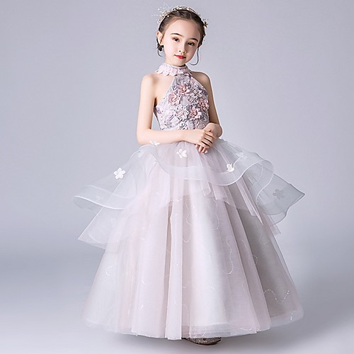 

Ball Gown Floor Length Wedding / Pageant Flower Girl Dresses - Polyester Sleeveless High Neck with Tier / Embroidery