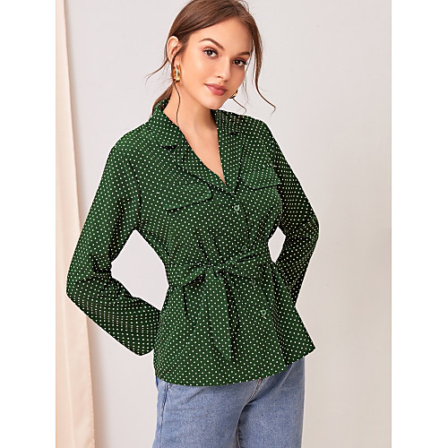 

New 2020 Women's Elegant V-neck Dot Print Drawstring Long Sleeve Shirt