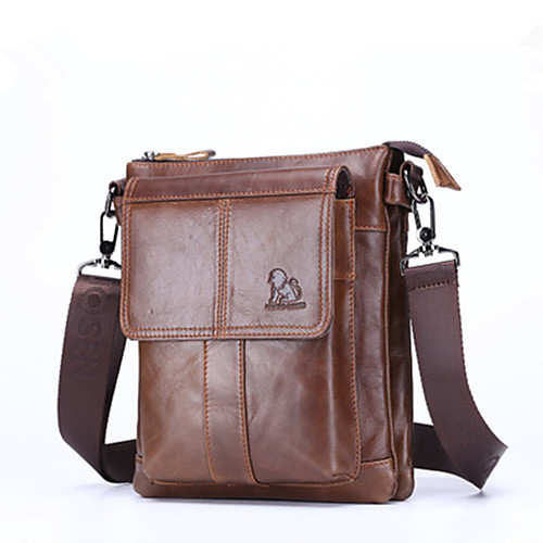 

Men's Zipper Cowhide Crossbody Bag Solid Color Brown