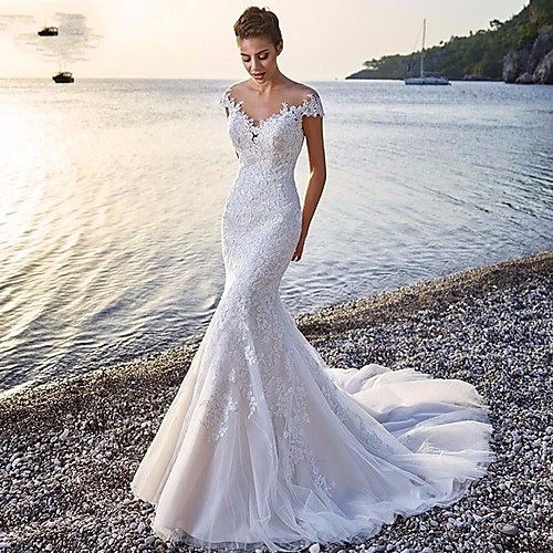

Mermaid / Trumpet Scoop Neck Court Train Organza Sleeveless Sexy Wedding Dress in Color Wedding Dresses with Appliques 2020