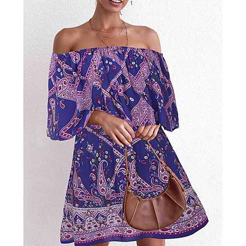 

Women's Purple Khaki Dress Basic Boho Spring & Summer Daily Going out Loose Sheath Geometric Print Color Block Patchwork Print S M