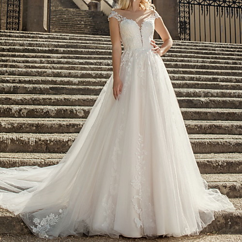 

A-Line Jewel Neck Sweep / Brush Train Lace / Tulle Short Sleeve Country Plus Size Wedding Dresses with Embroidery / Appliques 2020