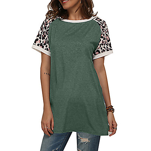 

Women's Daily Going out Basic / Elegant Cotton Loose Tunic - Striped / Leopard Blue & White, Patchwork / Print Green