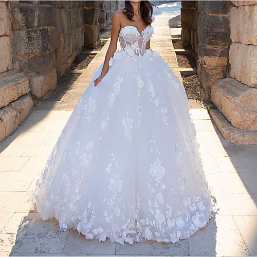 

Ball Gown Wedding Dresses Sweetheart Neckline Sweep / Brush Train Polyester Sleeveless Country Sexy Plus Size with Lace Insert Appliques 2020