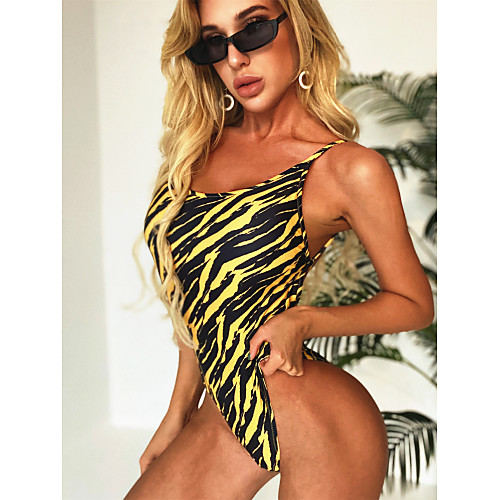 

Women's Basic Yellow Halter Cheeky One-piece Swimwear Swimsuit - Animal Backless S M L Yellow