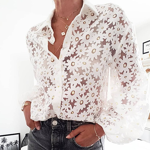 

Women's Daily Shirt - Geometric Embroidered / Mesh Shirt Collar White