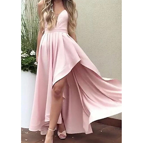 

A-Line Spaghetti Strap Asymmetrical Satin Minimalist / Pink Party Wear / Prom Dress with Pleats 2020