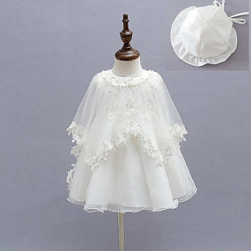 

Ball Gown Tea Length First Communion Christening Gowns - Polyester Sleeveless Jewel Neck with Faux Pearl / Bow(s) / Appliques
