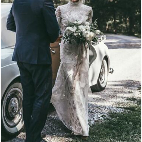 

Mermaid / Trumpet High Neck Sweep / Brush Train Polyester Long Sleeve Country Plus Size Wedding Dresses with Lace Insert / Appliques 2020
