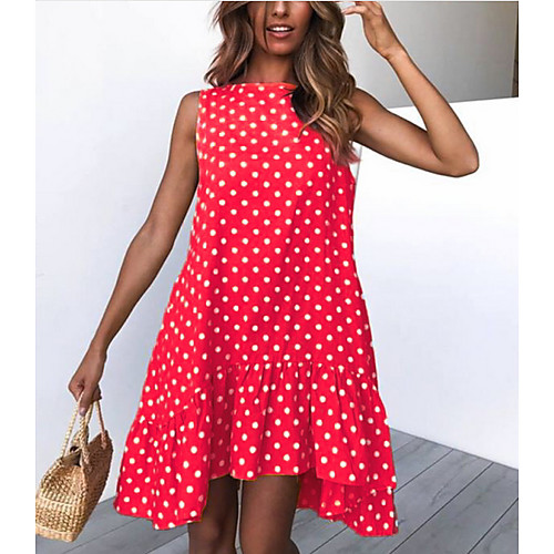 

Women's Asymmetrical Shift Dress - Sleeveless Polka Dot Elegant Loose Black Blue Red Yellow Khaki Green S M L XL XXL XXXL
